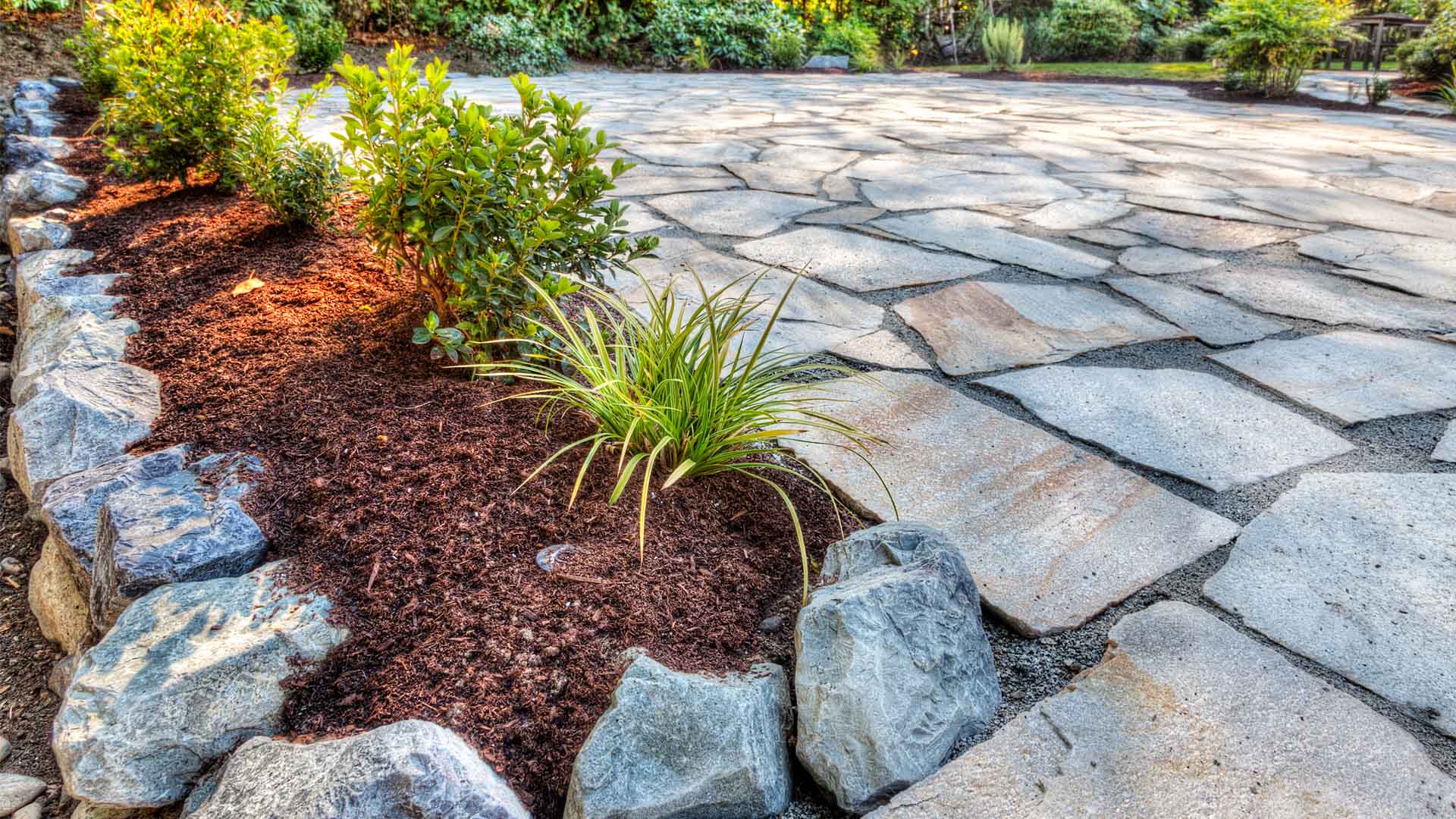 Flower beds around new stone patio with plants A garden with a stone pathway bordered by rocks and mulch showcases expert patio design. Several green plants grow along the edge, with more greenery visible in the background. The area is bathed in natural sunlight, creating an inviting outdoor retreat.