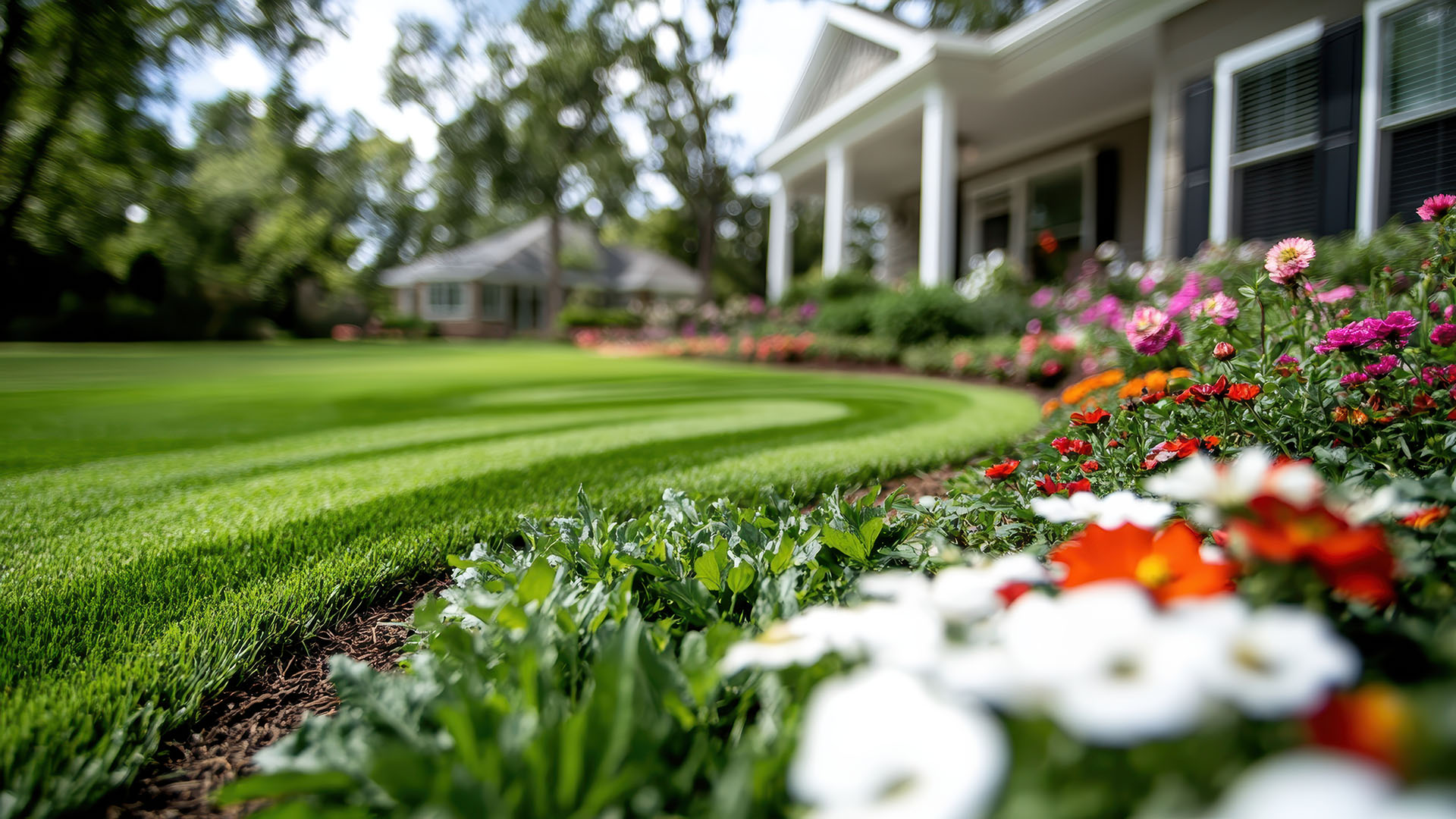 Landscape Enhancement with Beautiful Flowers in the Daytime and Mowed Grass Landscape Enhancement with Beautiful Flowers in the Daytime and Mowed Grass