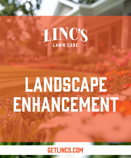 The image depicts a blurred garden with vibrant flowers and a building in the distance. Overlaid text reads: Lincs Lawn Care - All Seasons Lawn Maintenance & Landscape Enhancement. At the bottom, a website URL is displayed: GetLincs.com.