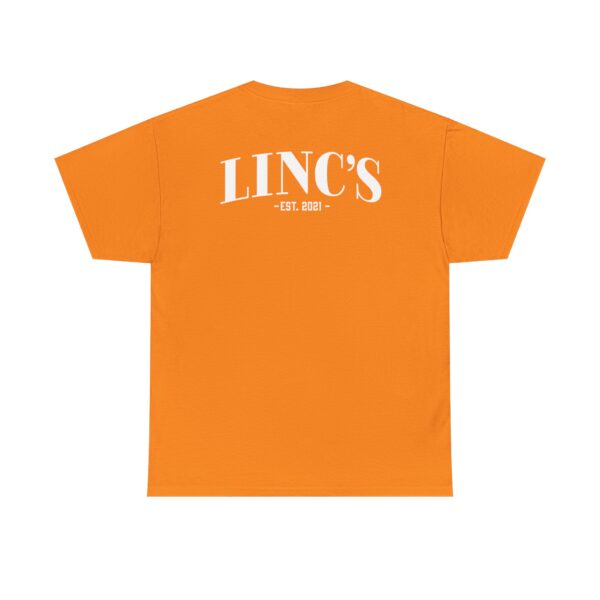 An orange Official Lincs© Employee Heavy Cotton T-Shirt (Austin) featuring “LINC’S” and “EST. 2021” printed in large white letters on the back.