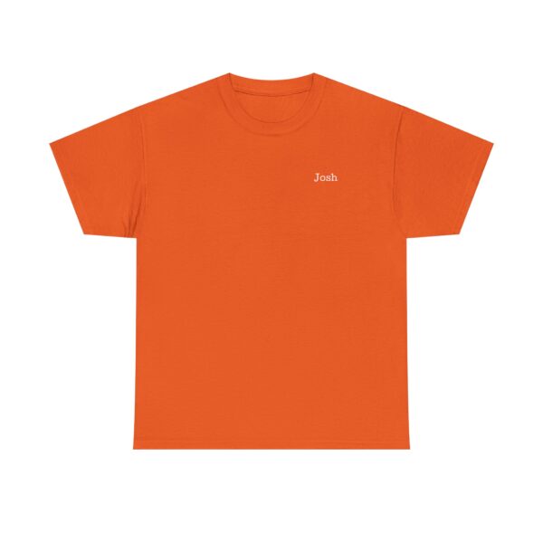 An Official Lincs© Employee Heavy Cotton T-Shirt in orange, featuring Josh printed in small white text on the left chest.