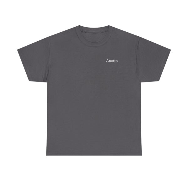 A dark gray Official Lincs© Employee Heavy Cotton T-Shirt featuring “Austin” in small white letters on the upper left chest.