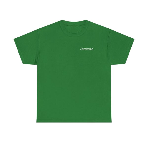 The Official Lincs© Employee Heavy Cotton T-Shirt features Jeremiah in small white letters on the left chest. It has short sleeves, is green, and is shown on a plain white background.