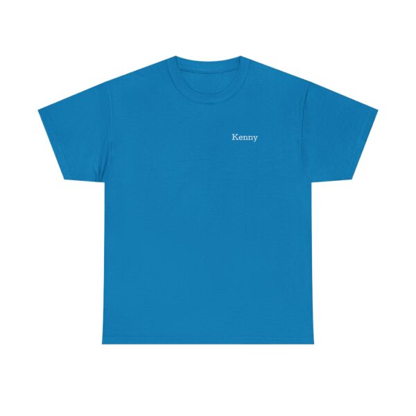 The Official Lincs© Employee Heavy Cotton T-Shirt features short sleeves, is plain blue, and has Kenny printed in small white letters on the left chest.