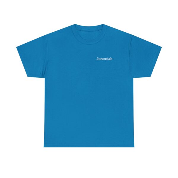 The Official Lincs© Employee Heavy Cotton T-Shirt (Employee: Jeremiah) is a plain blue tee with Jeremiah in small white text on the left chest, shown on a white background.