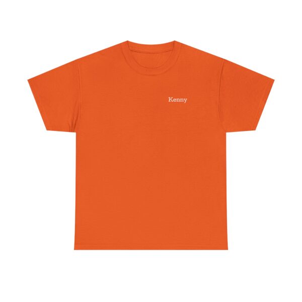 An Official Lincs© Employee Heavy Cotton T-Shirt for Kenny, featuring orange short sleeves and Kenny in small white text on the left chest, displayed flat on a white background.