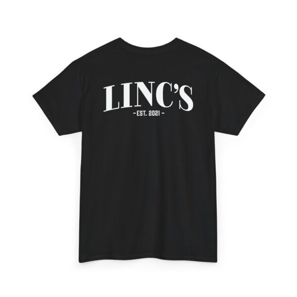 The Official Lincs© Employee Heavy Cotton T-Shirt (Employee: Austin) is a black short-sleeve tee featuring bold white LINCS text and EST. 2021 on the back, shown laid flat to display the design.