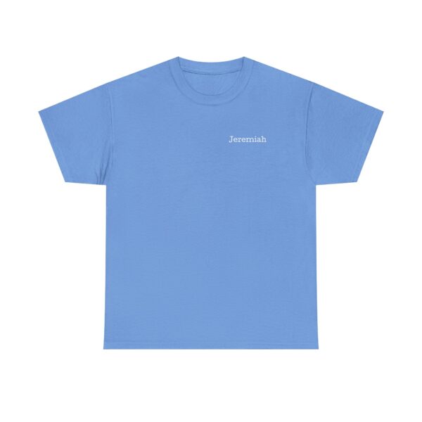 A light blue Official Lincs© Employee Heavy Cotton T-Shirt featuring Jeremiah in small white print on the left chest.