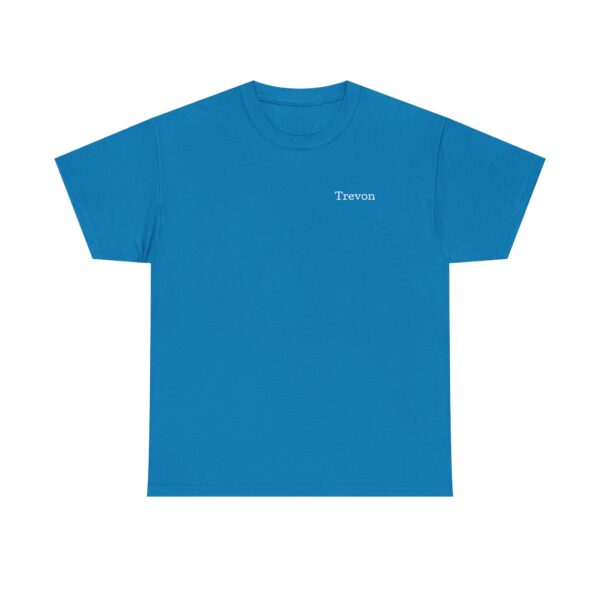 A blue heavy cotton T-shirt with short sleeves, featuring Trevon in small white text on the left chest. Official Lincs© Employee T-Shirt.