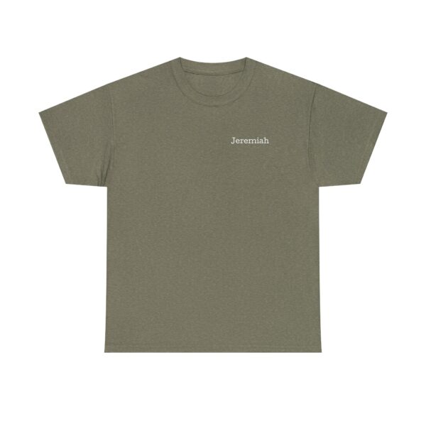 Olive green Official Lincs© Employee Heavy Cotton T-Shirt featuring Jeremiah in small white text on the left chest, displayed on a plain white background.