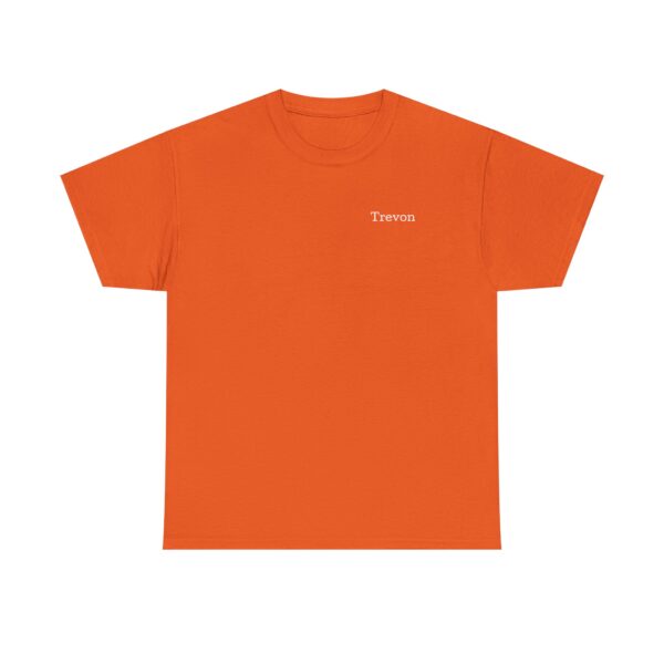An orange short-sleeve Official Lincs© Employee Heavy Cotton T-Shirt with Trevon in small white letters on the left chest.