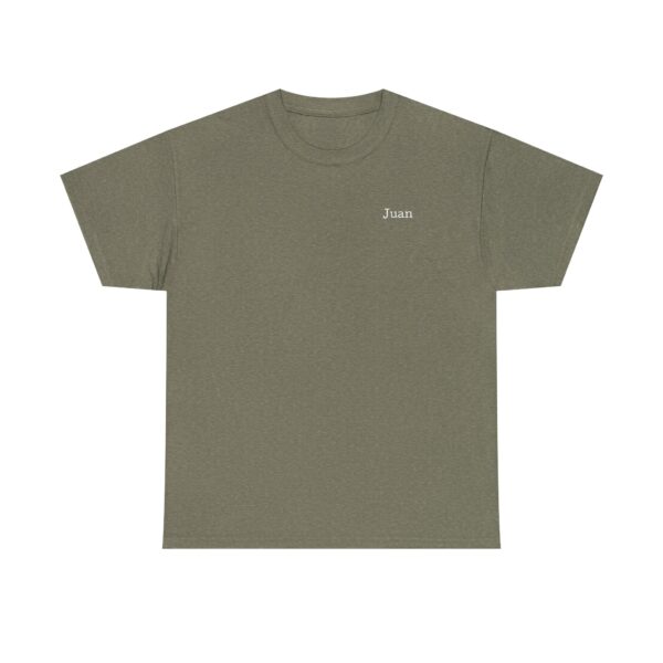 An Official Lincs© Employee Heavy Cotton T-Shirt in plain olive green, featuring Juan printed in small white letters on the left chest area.
