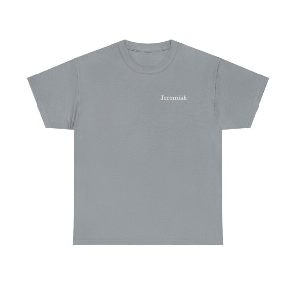 Official Lincs© Employee Heavy Cotton T-Shirt for Jeremiah, light gray with Jeremiah in small white text on the left chest, shown laid flat on a white background.