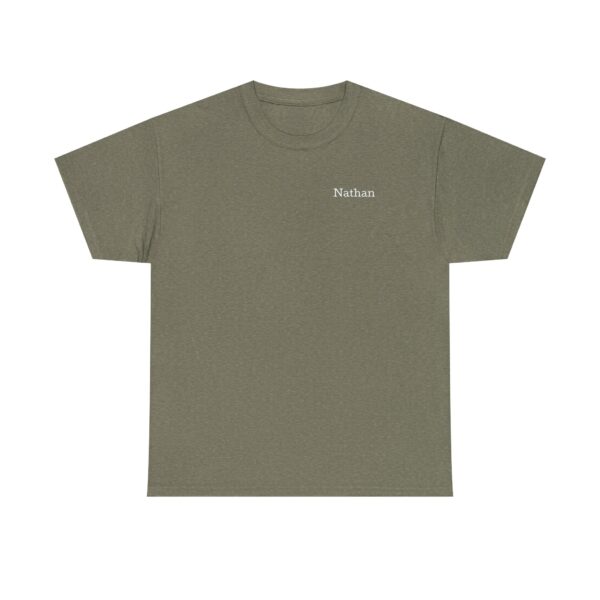 An Official Lincs© Employee Heavy Cotton T-Shirt in olive green, featuring Nathan in small white text on the left chest.