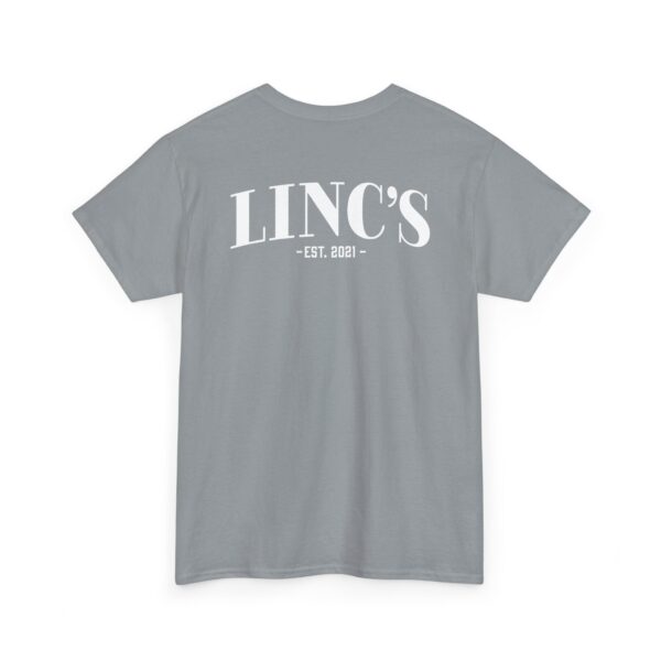 A light gray Official Lincs© Employee Heavy Cotton T-Shirt (Employee: Josh) is shown flat with “LINC’S EST. 2021” printed in large white capital letters across the upper back.