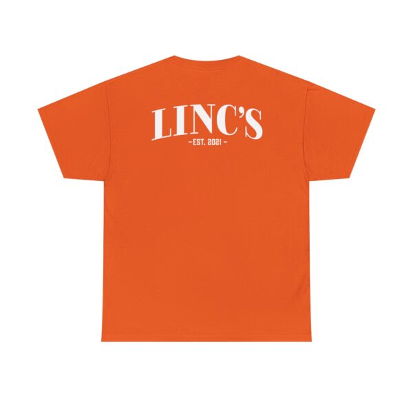 An orange Official Lincs© Employee Heavy Cotton T-Shirt (Employee: Juan) featuring LINCS in large white letters and EST. 2021 in smaller white text on the back.