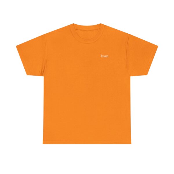 Official Lincs© Employee Heavy Cotton T-Shirt in orange, featuring Juan in small white text on the left chest. Simple and unadorned except for the name.
