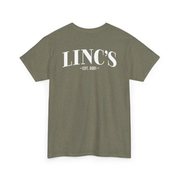 An olive green Official Lincs© Employee Heavy Cotton T-Shirt (Employee: Linc) shown from the back, featuring LINCS - EST. 2021 - printed in large white letters across the upper back.