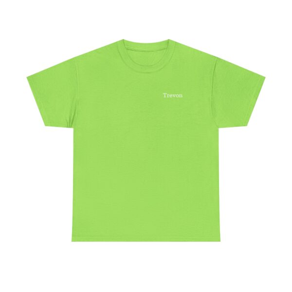 The Official Lincs© Employee Heavy Cotton T-Shirt for Trevon features small white Trevon text on the left chest, in bright green, shown on a white background.