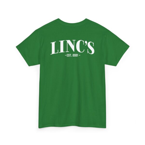 A green Official Lincs© Employee Heavy Cotton T-Shirt (Employee: Jeremiah) featuring LINCS EST. 2021 printed in large white letters on the back.