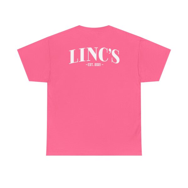 The Official Lincs© Employee Heavy Cotton T-Shirt (Employee: Linc) is a pink short-sleeve tee with LINCS in bold white letters and EST. 2021 in smaller text, both printed on the upper back.