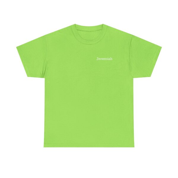 A bright green Official Lincs© Employee Heavy Cotton T-Shirt featuring Jeremiah in small white text on the left chest, displayed against a white background.