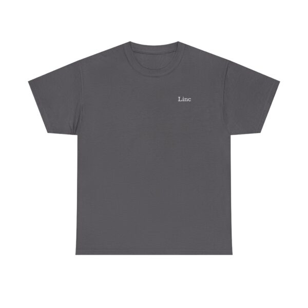 The Official Lincs© Employee Heavy Cotton T-Shirt features a plain dark gray design with Linc printed in small white letters on the left chest.