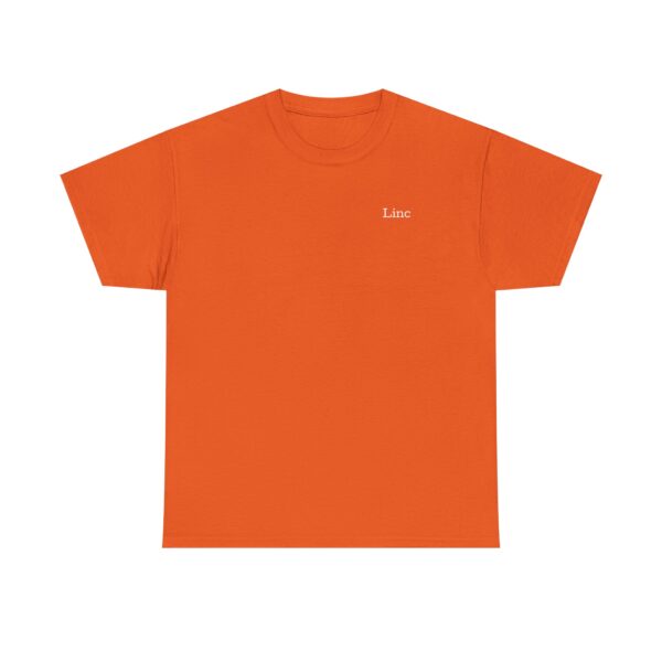 The Official Lincs© Employee Heavy Cotton T-Shirt (Employee: Linc) is a bright orange short-sleeve tee featuring Linc in small white text on the left chest, shown laid flat on a white background.