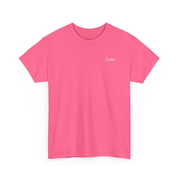 A white-background image shows the Official Lincs© Employee Heavy Cotton T-Shirt featuring the name Juan in small white text on the left chest of a plain pink shirt.