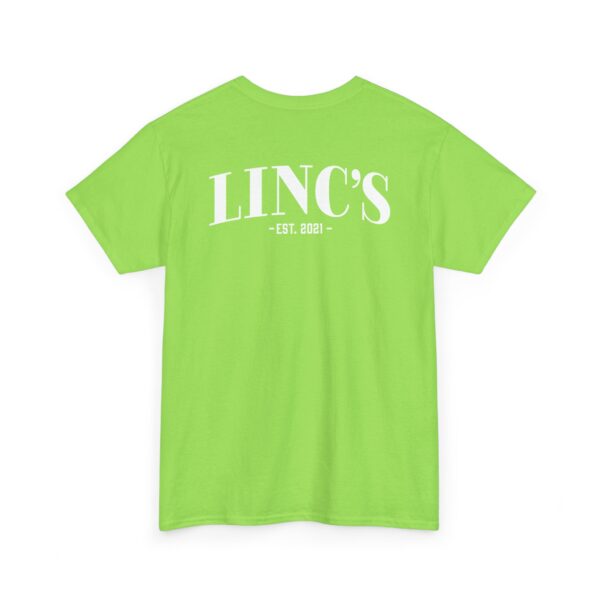 The Official Lincs© Employee Heavy Cotton T-Shirt (Employee: Josh) in bright green, featuring LINCS and EST. 2021 in large white letters on the back, is displayed laid flat on a plain white background.