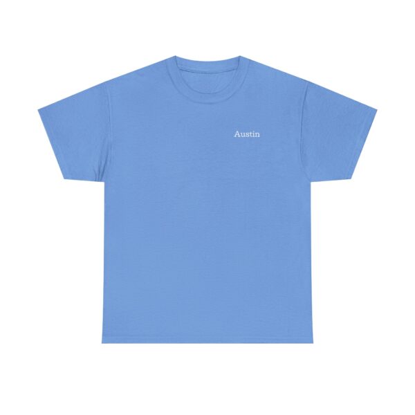 A heavy cotton short-sleeve t-shirt in light blue featuring Austin in small white print on the left chest; Official Lincs© Employee T-Shirt.