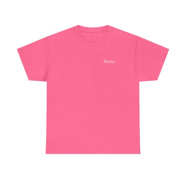An Official Lincs© Employee Heavy Cotton T-Shirt for Kenny, featuring small white lettering of his name on the left chest, in plain pink.