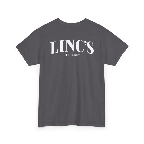 A dark gray Official Lincs© Employee Heavy Cotton T-Shirt (Employee: Jeremiah) featuring LINCS - EST. 2021 - printed in bold white letters across the upper back.