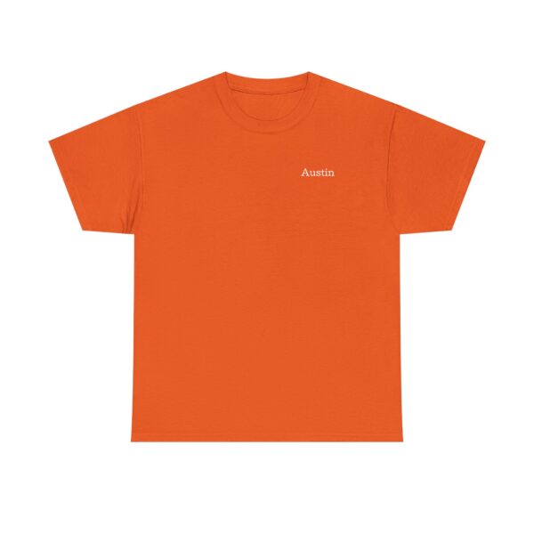 The Official Lincs© Employee Heavy Cotton T-Shirt (Employee: Austin) is an orange short-sleeve tee with Austin in small white letters on the left chest, shown laid flat on a white background.