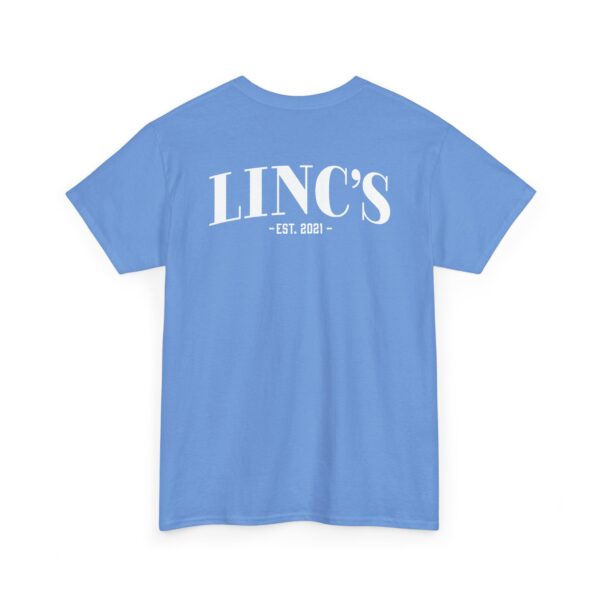 A light blue Official Lincs© Employee Heavy Cotton T-Shirt (Employee: Jeremiah) shown from the back, featuring LINCS - EST. 2021 in large white letters across the shoulders.