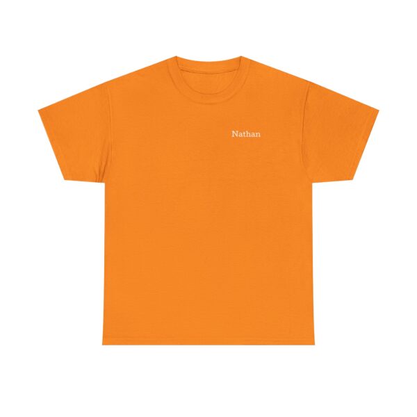 An Official Lincs© Employee Heavy Cotton T-Shirt (Employee: Nathan) in orange with Nathan in small white text on the left chest, shown against a plain white background.