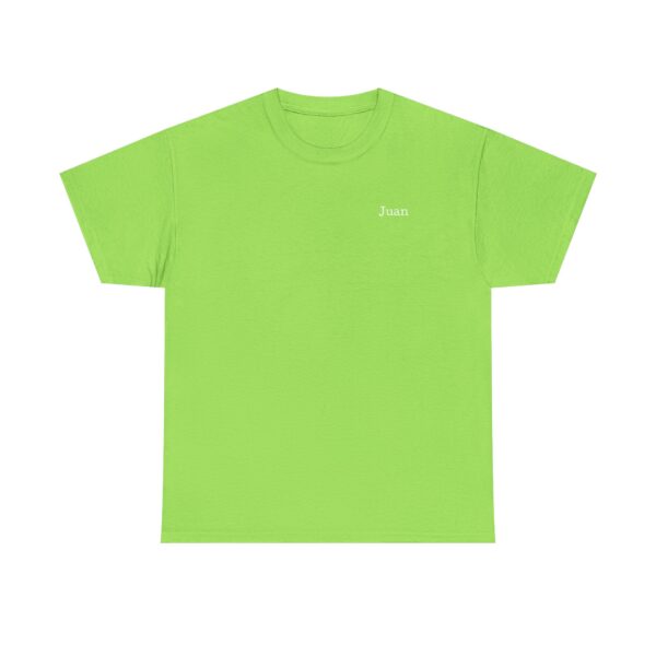 Official Lincs© Employee Heavy Cotton T-Shirt in lime green, featuring Juan embroidered in small white letters on the left chest, shown against a plain white background.