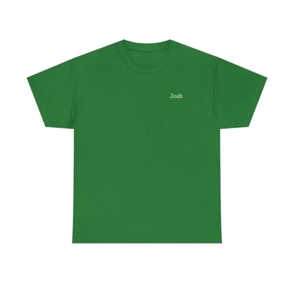 The Official Lincs© Employee Heavy Cotton T-Shirt features short sleeves, a plain green design, and Josh embroidered in small white letters on the left chest.