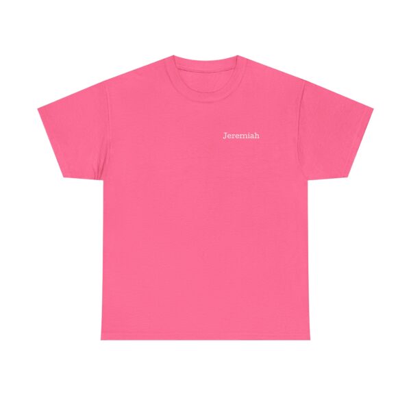 An Official Lincs© Employee Heavy Cotton T-Shirt featuring Jeremiah printed in small white letters on the left chest, plain pink design.