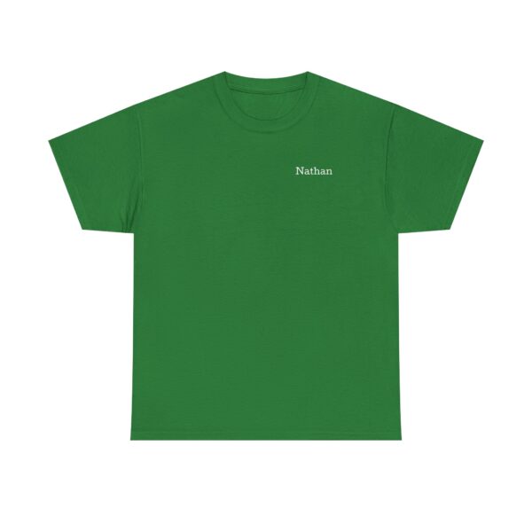 The Official Lincs© Employee Heavy Cotton T-Shirt features Nathan printed in small white letters on the left chest of a plain green shirt.