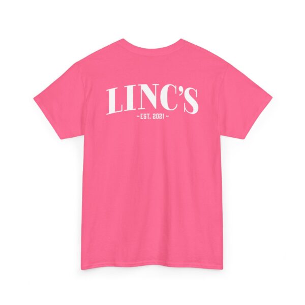 The Official Lincs© Employee Heavy Cotton T-Shirt (Employee: Linc) is a pink short-sleeve tee with LINCS - EST. 2021 in large white letters on the back, displayed flat against a white background.