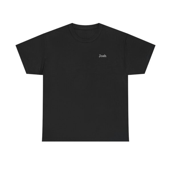 The Official Lincs© Employee Heavy Cotton T-Shirt features Josh embroidered in small white letters on the left chest of a plain black shirt.