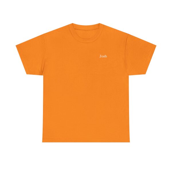 Official Lincs© Employee Heavy Cotton T-Shirt in bright orange, featuring Josh in small white letters on the left chest, shown against a plain white background.