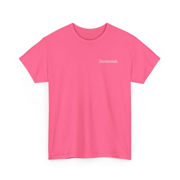 The Official Lincs© Employee Heavy Cotton T-Shirt features Jeremiah in small white letters on the left chest. This plain pink short-sleeve tee is displayed against a white background.