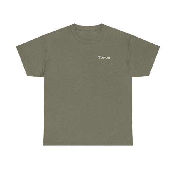 Official Lincs© Employee Heavy Cotton T-Shirt featuring Trevon in small white print on the left chest, shown olive green and short-sleeve, laid flat on a white background.