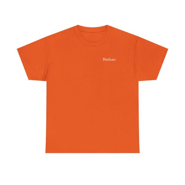 The Official Lincs© Employee Heavy Cotton T-Shirt features Nathan printed in small white letters on the left chest. The bright orange shirt is shown flat on a plain white background.