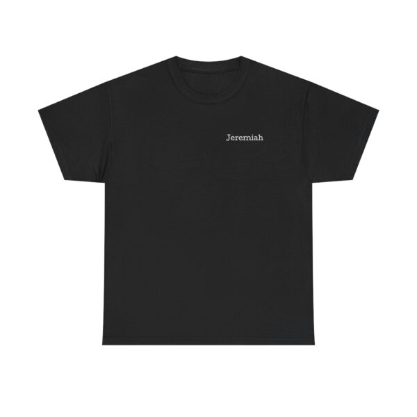 Official Lincs© Employee Heavy Cotton T-Shirt for Jeremiah in black, featuring his name in small white letters on the left chest. The short-sleeve shirt is displayed flat on a white background.