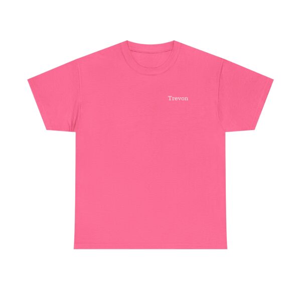An Official Lincs© Employee Heavy Cotton T-Shirt featuring Trevon printed in small white letters on the left chest, plain pink color.