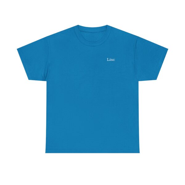 The Official Lincs© Employee Heavy Cotton T-Shirt features Linc in small white letters on the left chest of a plain blue short-sleeve shirt, shown on a white background.