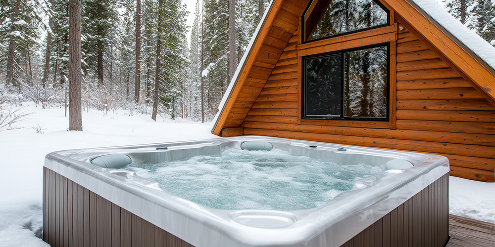 A bubbling hot tub sits outside a wooden cabin amid a snowy forest, with pine trees and snow covering the ground and roof, creating a cozy winter retreat atmosphere.